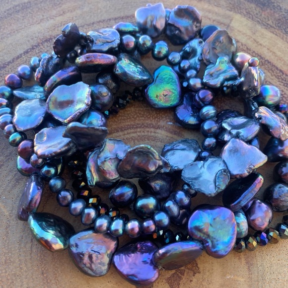 Natural Black Peacock Baroque Freshwater Pearl Cultured Bead Bracelet Stack - Picture 7 of 10